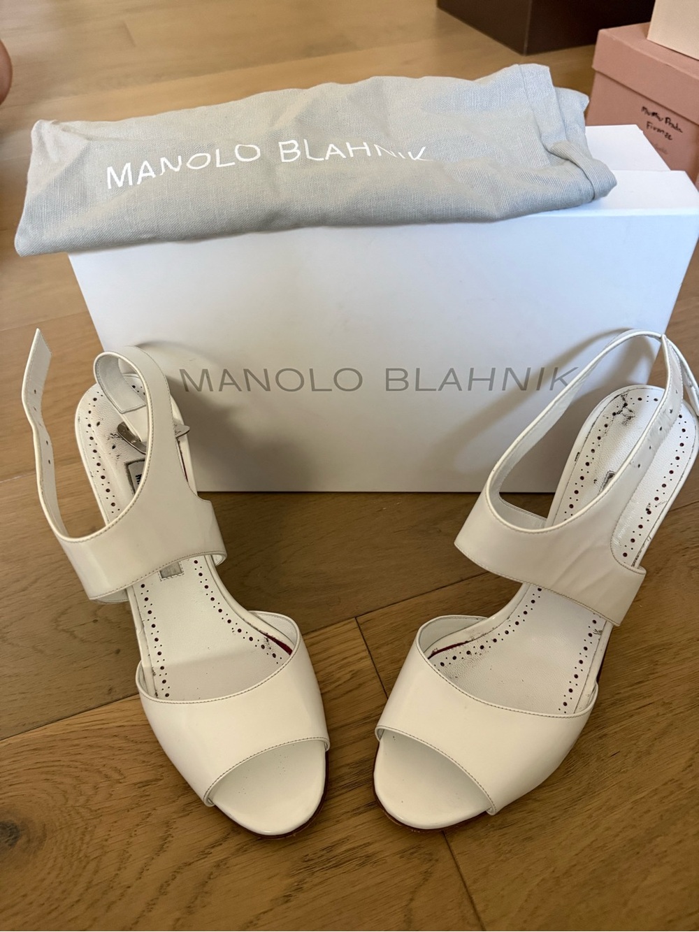 Manolo Blahnik Cream Leather Peep-Toe Ankle-Strap Sandals